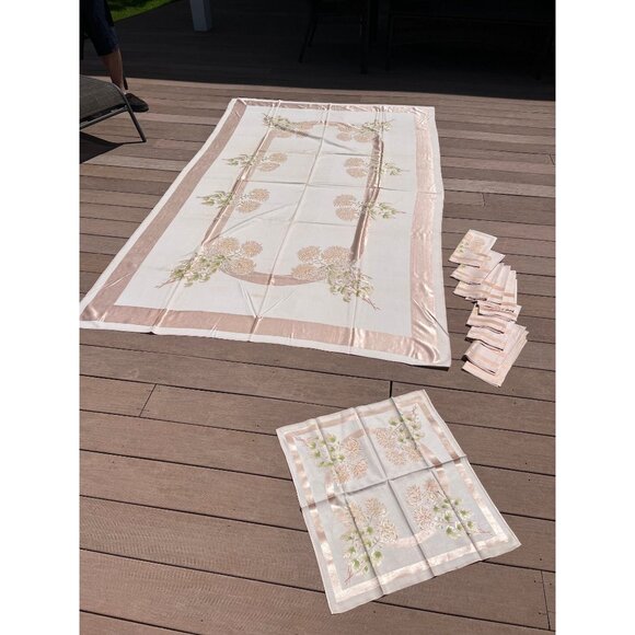 Antique Double Damask Silk Brocade Linen Chrysanthemum Tablecloth Blush Silk
